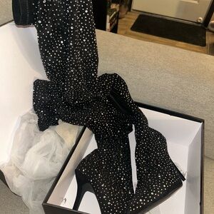 Black Rhinestone Heeled Boots